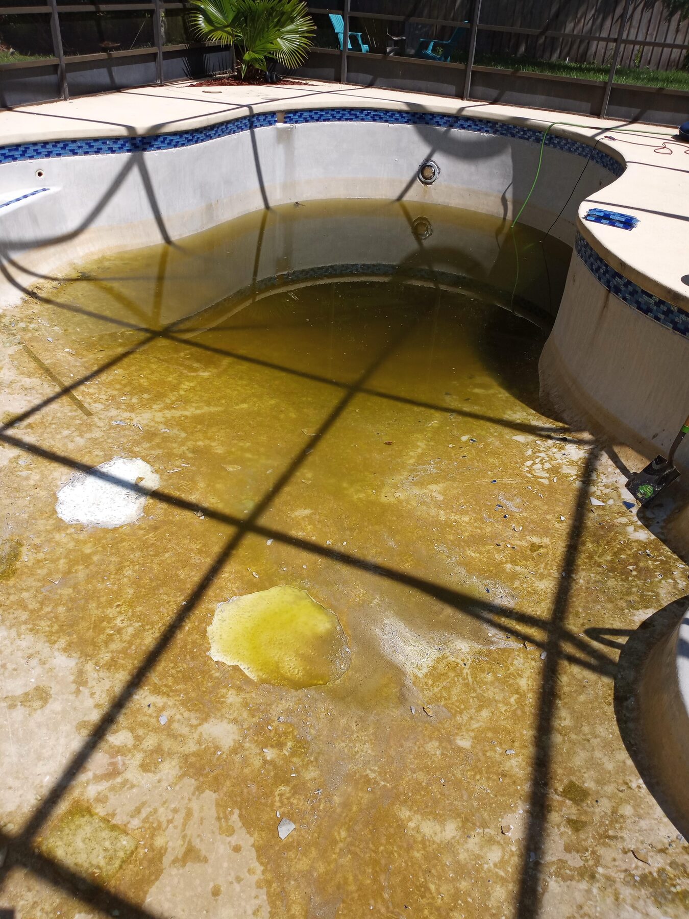 Orlando, FL pool before resurfacing — heavy yellow staining and failing plaster surface