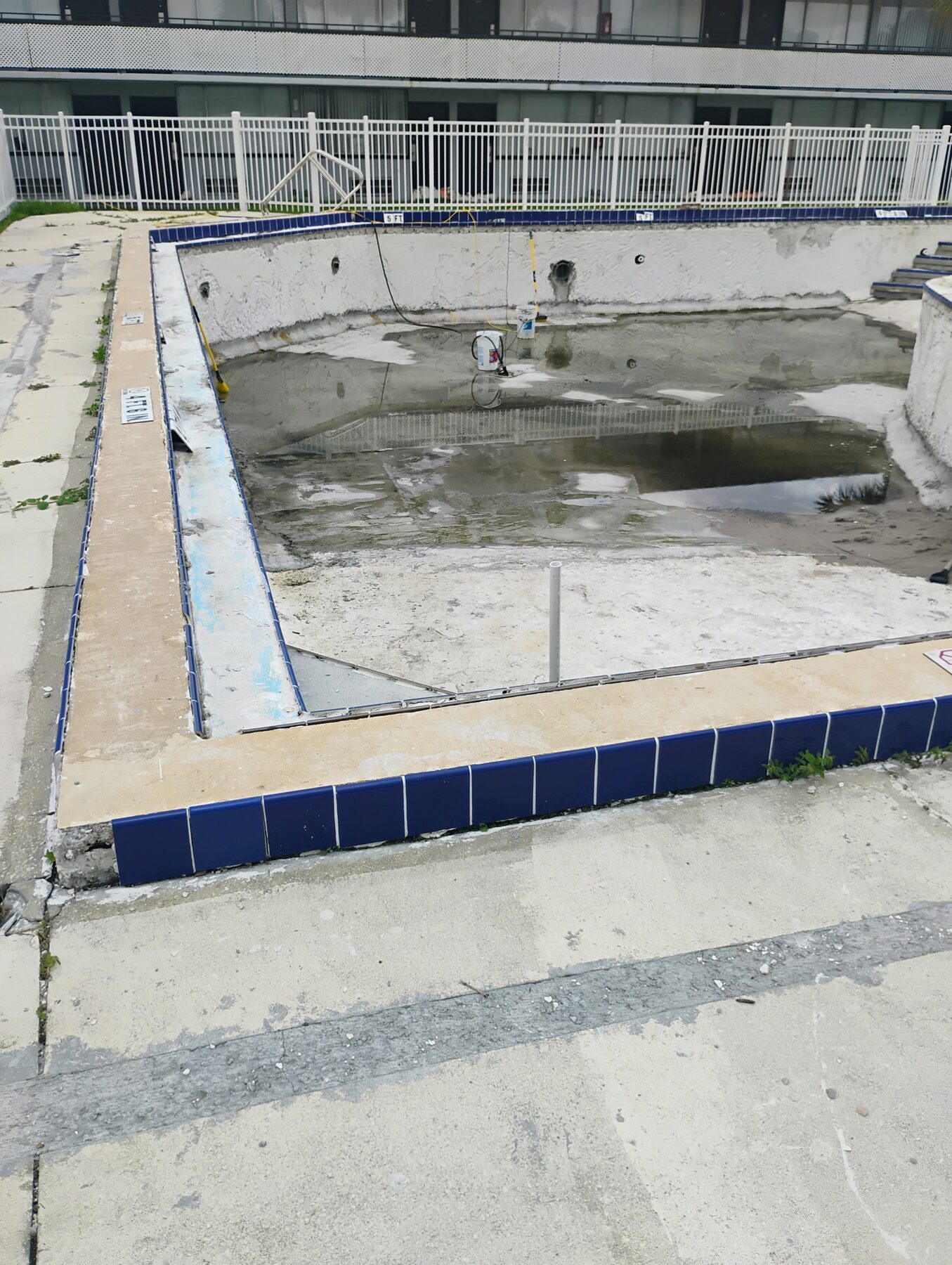 Commercial pool in Central Florida before plastering — drained, with worn surface and stagnant water